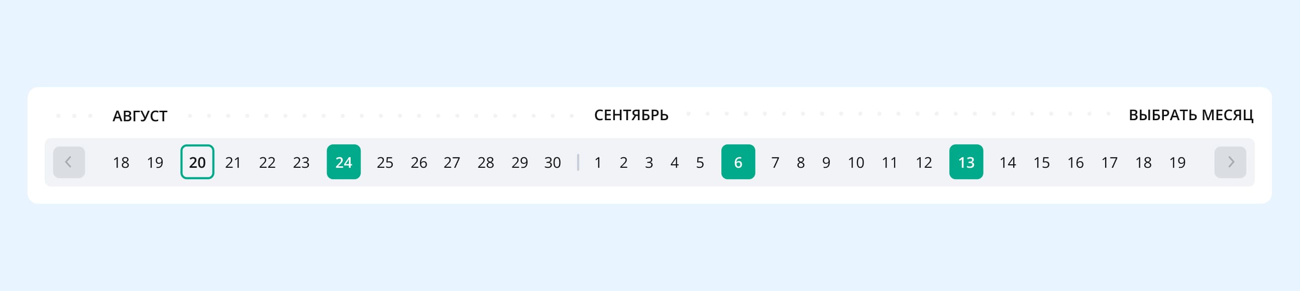 Горизонтальный календарь с выделенными днями визитов